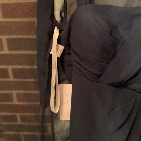 NWT Azazie Sz A10 Navy Dress W Sheer Jacket- Jeweled Pin and Zipper Garment Bag - Picture 4 of 14